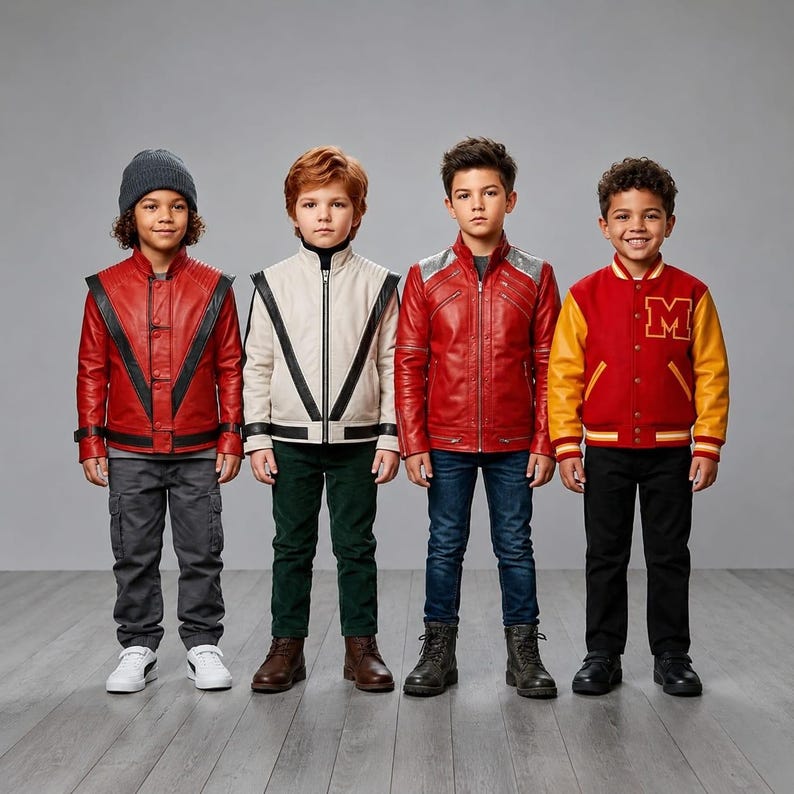 May include: Four children standing in a row wearing diverse jackets. The first wears a red leather jacket with black V-accents and a grey beanie. The second wears a white leather jacket with black V-accents. The third wears a red leather jacket with silver shoulder details. The fourth wears a red and yellow varsity jacket with a letter M.