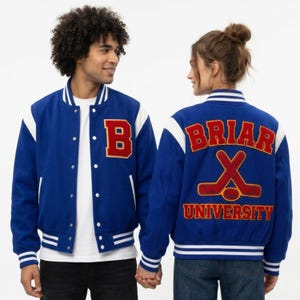 May include: A blue varsity jacket with white sleeves and striped ribbed trim. The front features a red letter B patch. The back displays the text BRIAR UNIVERSITY in red with a yellow outline, positioned above a graphic of two crossed hockey sticks.