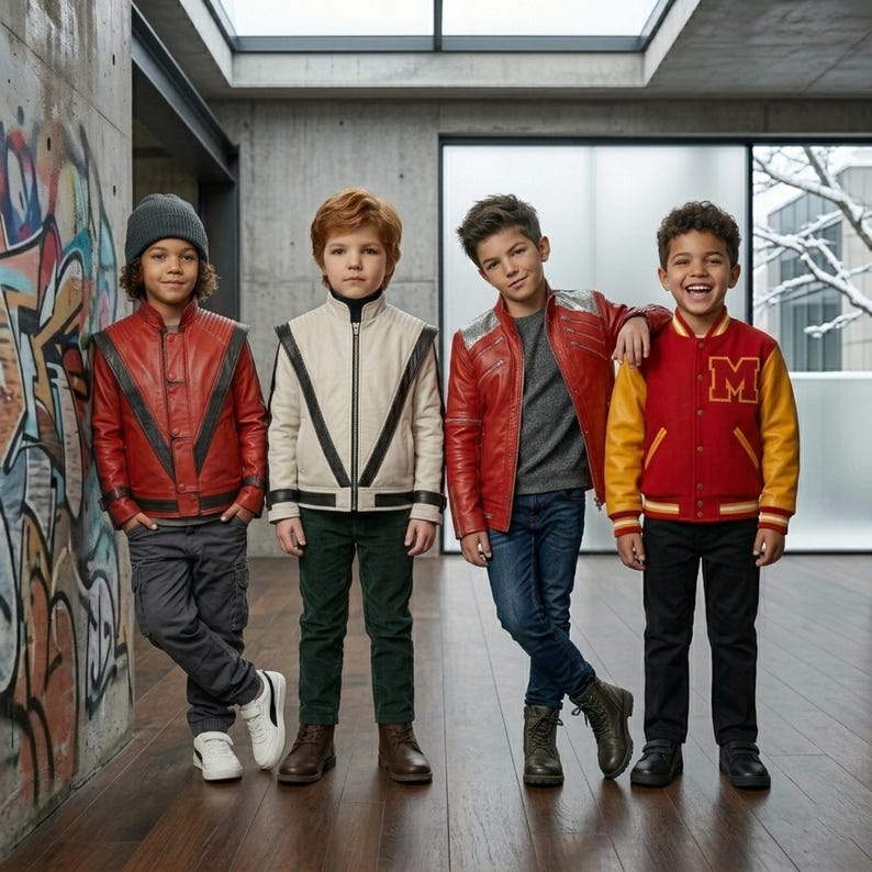 May include: Four children wearing diverse jackets: a red leather jacket with black accents, a white leather jacket with black trim, a red leather jacket with silver details, and a red and yellow varsity jacket with a letter M patch.