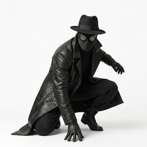 Op de afbeelding: Een zwarte leren trenchcoat gedragen met een bijpassende zwarte fedora, zwarte handschoenen, een zwarte broek en zwarte laarzen. De outfit bevat een zwart masker met ronde brillenglazen, wat zorgt voor een monochroom geheel met een gelaagde look.