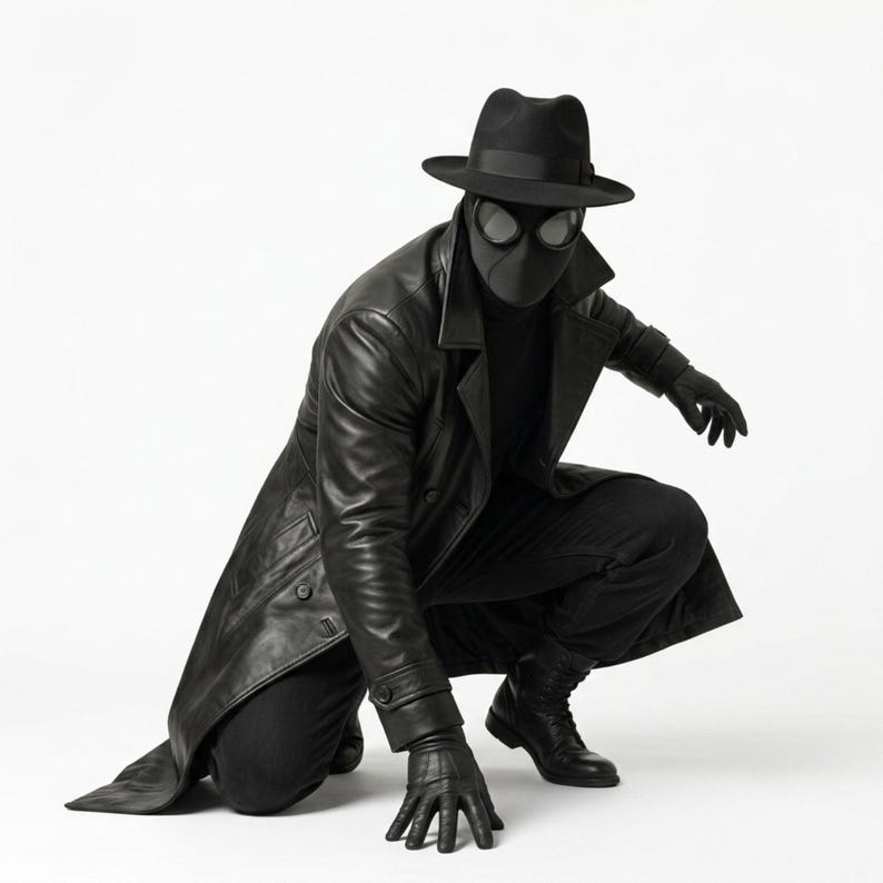 Op de afbeelding: Een zwarte leren trenchcoat gedragen met een bijpassende zwarte fedora, zwarte handschoenen, een zwarte broek en zwarte laarzen. De outfit bevat een zwart masker met ronde brillenglazen, wat zorgt voor een monochroom geheel met een gelaagde look.