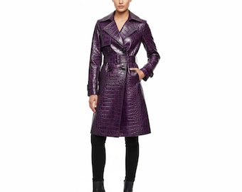 Womens Purple Crocodile Leather Trench Coat Double Breasted Duster Overcoat Slim Fit Casual Outfits