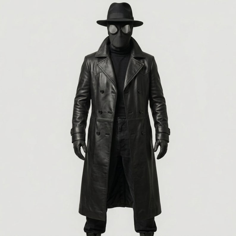 Op de afbeelding: Een lange zwarte leren trenchcoat gedragen over een zwarte coltrui en zwarte broek. De outfit bevat een zwarte fedora-hoed, zwarte handschoenen en een zwart masker met grote, ronde, reflecterende zilverkleurige glazen voor de ogen.