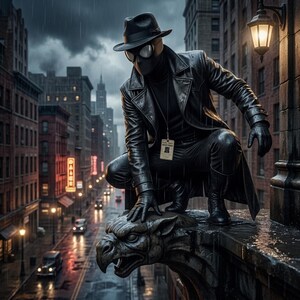 Op de afbeelding: Een figuur in een zwarte leren trenchcoat, fedora en bril hurkt op een stenen waterspuwer die uitkijkt over een regenachtige straat. Het figuur draagt een zwarte coltrui en handschoenen, met een klein identificatiebewijs aan een koord.