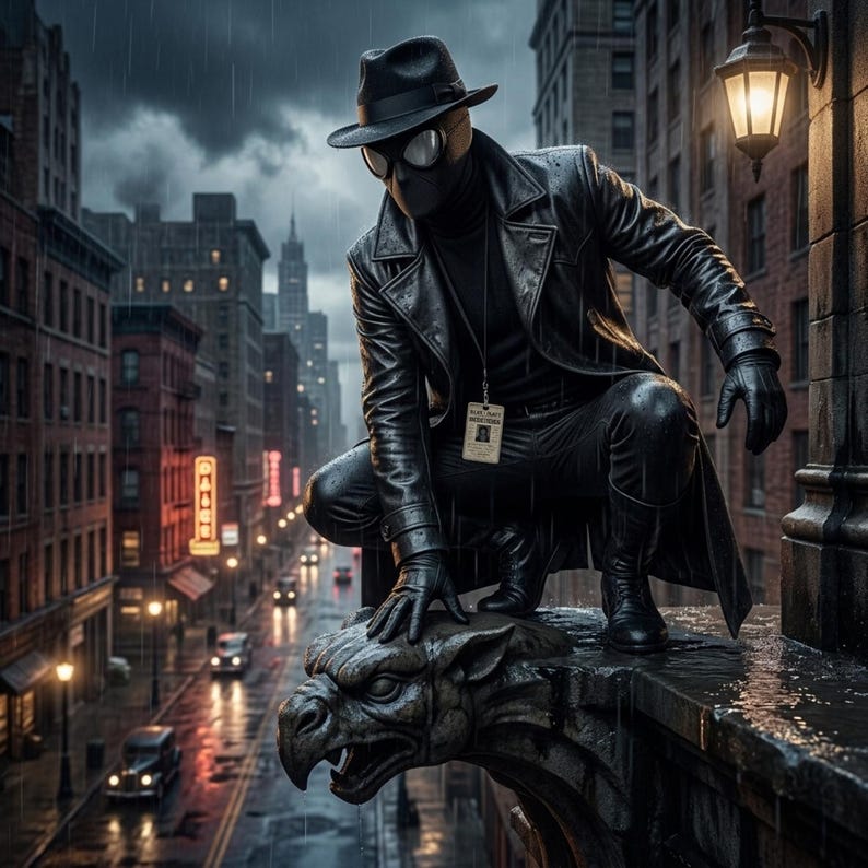 Op de afbeelding: Een figuur in een zwarte leren trenchcoat, fedora en bril hurkt op een stenen waterspuwer die uitkijkt over een regenachtige straat. Het figuur draagt een zwarte coltrui en handschoenen, met een klein identificatiebewijs aan een koord.