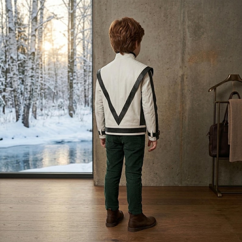 May include: A white jacket with a prominent black V-shaped design on the back, long sleeves with black accents, and a high collar, paired with dark green trousers and brown boots, viewed from the back in a room with a large window.