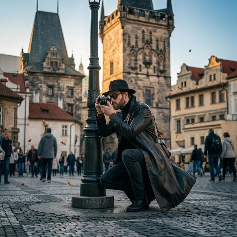 Op de afbeelding: Een persoon met een zwarte fedora, een lange zwarte leren jas en een donkere broek, gehurkt naast een hoge zwarte metalen lantaarnpaal terwijl een camera voor de ogen wordt gehouden om een foto te maken op een historisch stadsplein.