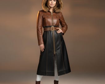 Leather Fur Coat Hooded Long Winter Trench Overcoat Party Designer Outfits Womens Party Wear