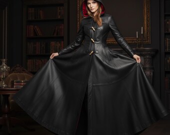 Leather Duffle Coat Winter Gothic Victorian Hooded Tailcoat Steampunk Trench Overcoat