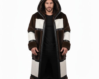 Fur Coat Hooded Crocodile Embossed Leather Overcoat Shearling Two Tone Coat