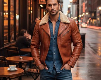 Biker Jacket Crocodile Leather Embossed Moto Jacket Shearling Collar Bomber Wear