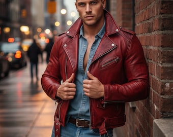Biker Leather Jacket Red Wax Cafe Racer Jacket Bomber Casual  Overcoat mens Brando Coat