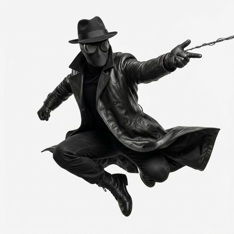Op de afbeelding: Een in het zwart geklede figuur in een dynamische spronghouding, met een fedora, een veiligheidsbril, een lange leren trenchcoat, handschoenen en laarzen. De figuur strekt &eacute;&eacute;n arm naar voren en lijkt een webachtige draad af te schieten.