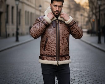 Handmade Bomber  Crocodile Embossed Jacket B3 RAF Aviator Jacket Winter Shearling Coat