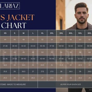 Op de afbeelding: Een maattabel voor een jas met de tekst THE ILARIAZ MENS JACKET SIZE CHART. De tabel bevat afmetingen in inches voor de maten XS tot en met 7XL, inclusief borstomvang, tailleomvang, schouderbreedte, mouwlengte en de lengte van de rug.