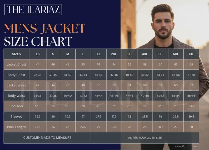 Op de afbeelding: Een maattabel voor een jas met de tekst THE ILARIAZ MENS JACKET SIZE CHART. De tabel bevat afmetingen in inches voor de maten XS tot en met 7XL, inclusief borstomvang, tailleomvang, schouderbreedte, mouwlengte en de lengte van de rug.