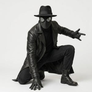 Op de afbeelding: Een volledig kostuum bestaande uit een zwarte leren trenchcoat, een bijpassende zwarte broek en een zwarte fedora hoed. De outfit bevat een zwart masker met grote, ronde, reflecterende brillenglazen, leren handschoenen en zwarte veterschoenen.