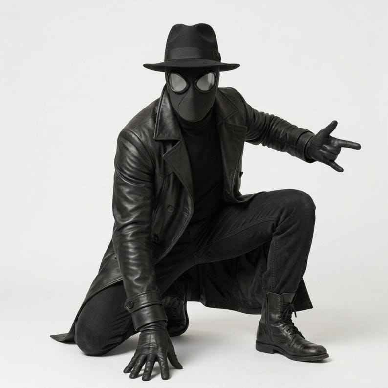 Op de afbeelding: Een volledig kostuum bestaande uit een zwarte leren trenchcoat, een bijpassende zwarte broek en een zwarte fedora hoed. De outfit bevat een zwart masker met grote, ronde, reflecterende brillenglazen, leren handschoenen en zwarte veterschoenen.