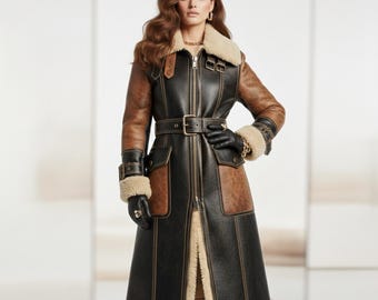Leather Hunter Coat Aviator Bomber Belted Overcoat Two-Tone Winter Military Field Fur Coat