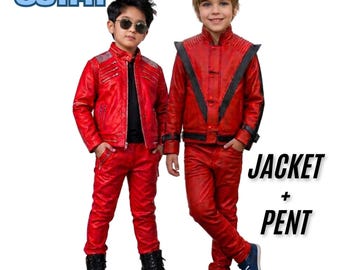 Kids Michael Jackson Thriller Jacket MJ Beat It Red Concert Costume Children Leather Tracksuit