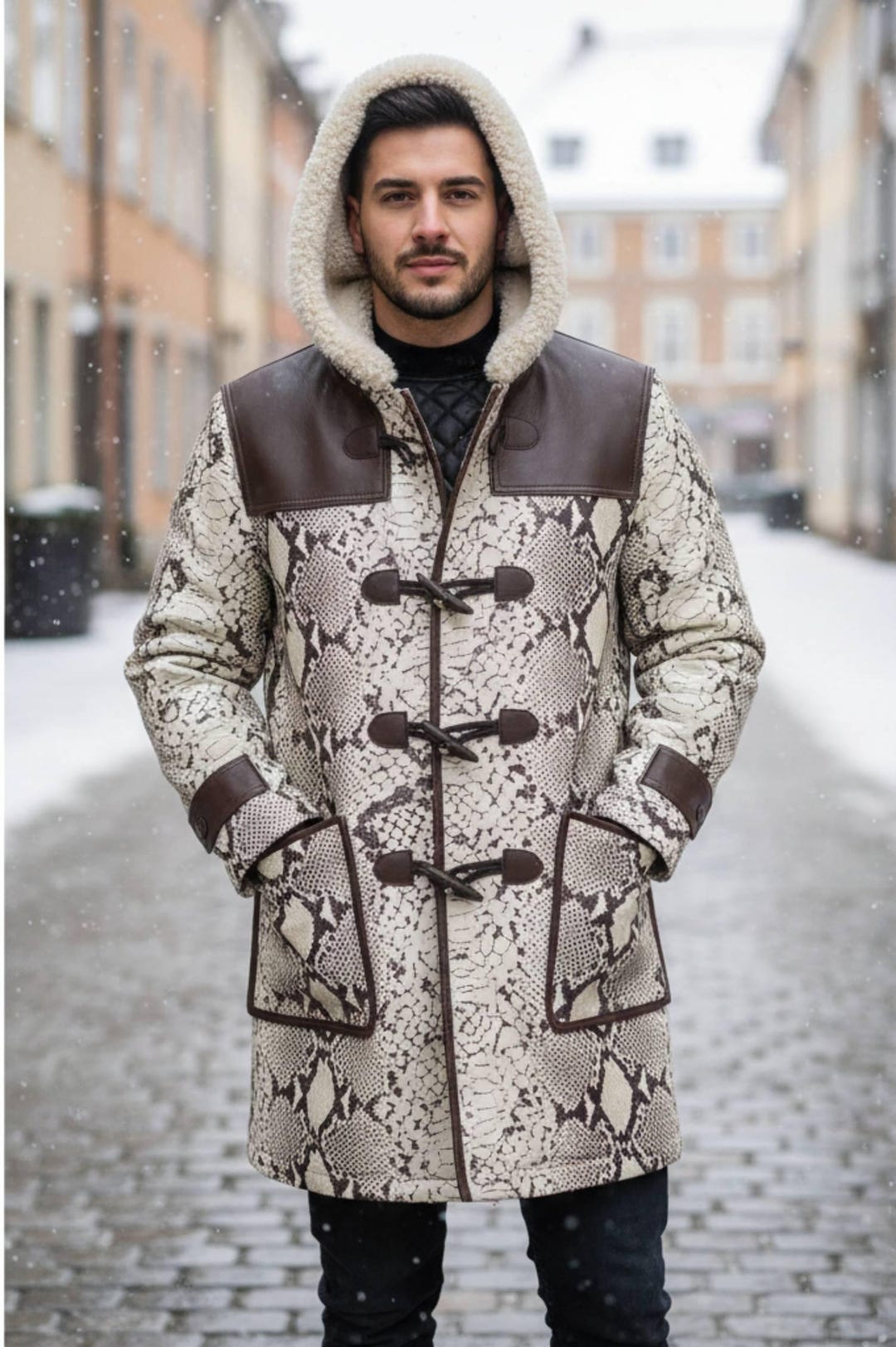 Snake Embossed Coat Hooded Python Duffle Coat Two-tone Field Military ...