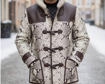 Snake Embossed Coat Hooded Python Duffle Coat Two-Tone Field Military Overcoat