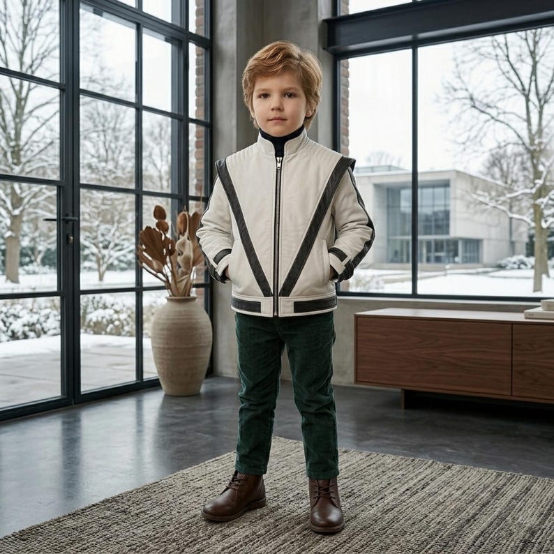 May include: A cream-coloured jacket with black trim, a high collar, and a central zip, worn over a black turtleneck. The outfit includes dark green trousers and brown leather boots. The jacket features structured shoulders and long sleeves.