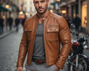 Field Biker Jacket Classic Cafe Racer Bomber Casual Coat Brown Military Jacket
