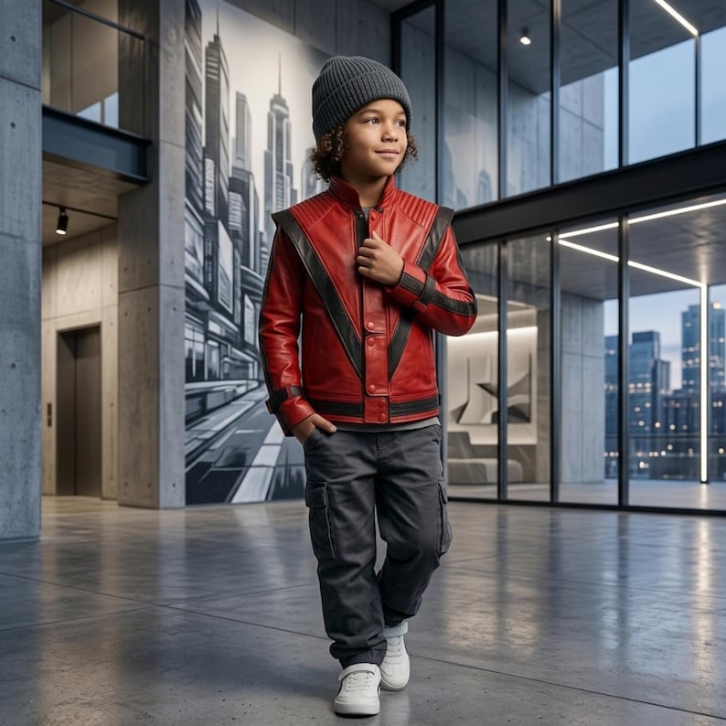 May include: A red leather jacket with black V-shaped panels, a grey knit beanie, dark grey cargo trousers, and white trainers. The jacket features structured shoulders, a high collar, and a front button closure, worn with casual trousers and footwear.