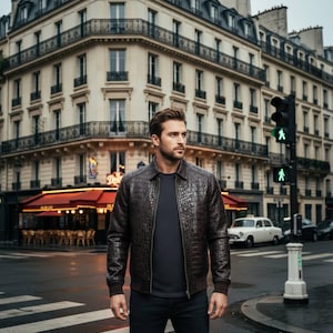 Pode incluir: Casaco de couro castanho com textura de pele de crocodilo, usado sobre uma camisa cinza escura e jeans escuros. O casaco tem fecho de correr e gola clássica. O fundo mostra uma cena de rua europeia com edifícios.