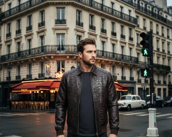Mens Snake Pattern Polo Jacket Brown Leather Python Embossed Jacket Handmade Biker Wear outfit