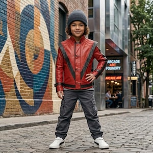 May include: A red and black leather jacket with a V-shaped front panel design, worn with dark grey cargo trousers, a grey beanie, and white trainers. The jacket features a button-up front, structured shoulders, and long sleeves with cuffs.