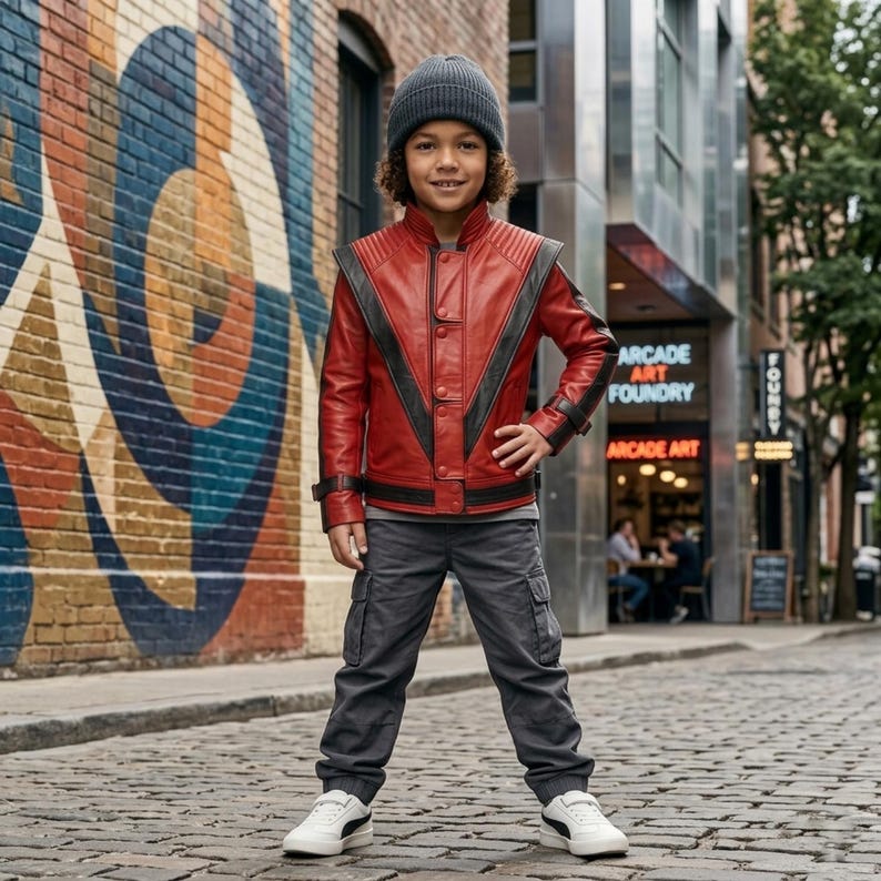 May include: A red and black leather jacket with a V-shaped front panel design, worn with dark grey cargo trousers, a grey beanie, and white trainers. The jacket features a button-up front, structured shoulders, and long sleeves with cuffs.