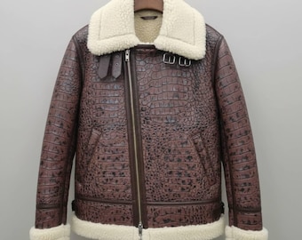 Mens Snake Embossed Brando Biker Jacket B3 RAF Aviator Bomber Jacket Winter Shearling Coat