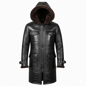 May include: A black, hooded leather coat with a crocodile skin texture. The coat features a brown fur-lined hood, a front zipper, multiple pockets, and buckle details on the sleeves. A winter outerwear garment.