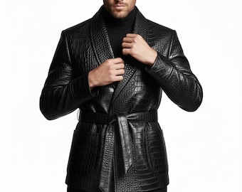 Ninja Samurai Coat Leather Croc Textured Overcoat Mens 3/4 Vintage Gothic Coat Fashion Outfits