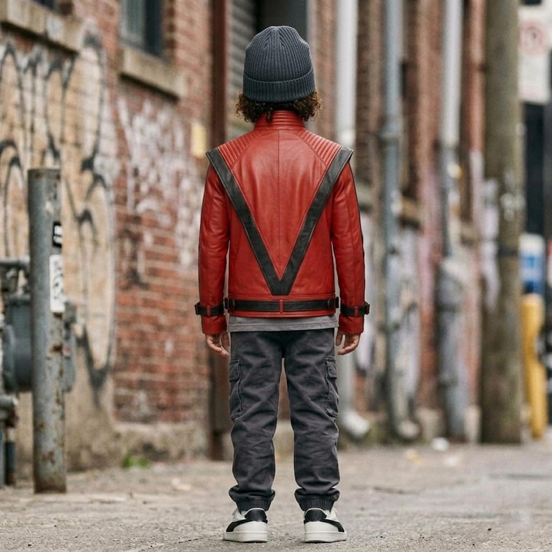 May include: A red leather jacket with black V-shaped paneling on the back, a grey beanie, dark grey cargo trousers, and white trainers. The jacket features a belted waist and long sleeves. The outfit is viewed from the back in an urban setting.