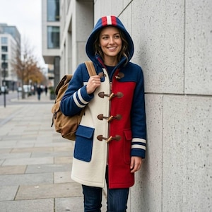 Puede incluir: Un abrigo tipo duffel a bloques de color en azul, rojo y crema con capucha. El abrigo presenta cierres de palanca de madera, un bolsillo azul y rayas blancas en las mangas. Se lleva una mochila marrón sobre el hombro.
