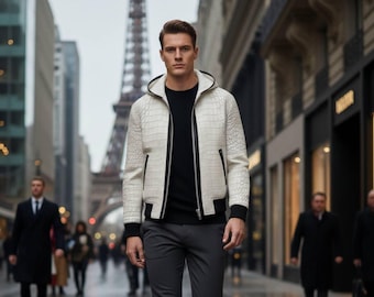 Leather Hoodie Croc-Embossed Jacket White Hooded Bomber Jacket Classic Cafe Racer Coat