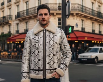 Snake Leather Jacket Python Embossed jacket B3 Bomber RAF Aviator Winter Coat Mens Wear