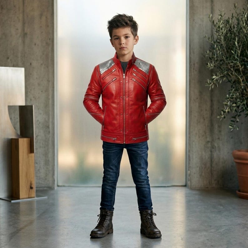 May include: A bright red jacket with a stand-up collar, silver sequined shoulder panels, and multiple silver-toned diagonal zips across the chest and sleeves. The jacket is paired with dark blue denim jeans and brown lace-up leather boots.