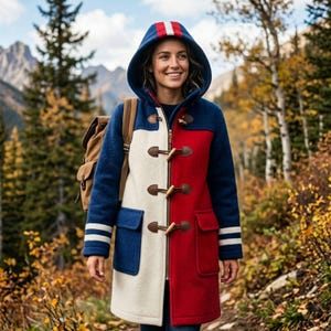 Może przedstawiać: Kolorowy płaszcz z kapturem w kolorze granatowym, czerwonym i kremowym z drewnianymi zapięciami na kołki. Płaszcz posiada kaptur i mankiety w paski. Osoba ma na sobie plecak i idzie ścieżką w lesie.