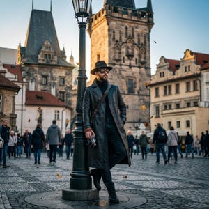 Op de afbeelding: Een persoon met een zwarte fedora, donkere zonnebril, zwarte coltrui en een lange zwarte leren trenchcoat, staand naast een hoge zwarte metalen lantaarnpaal op een geplaveid stadsplein met historische stenen gebouwen op de achtergrond.
