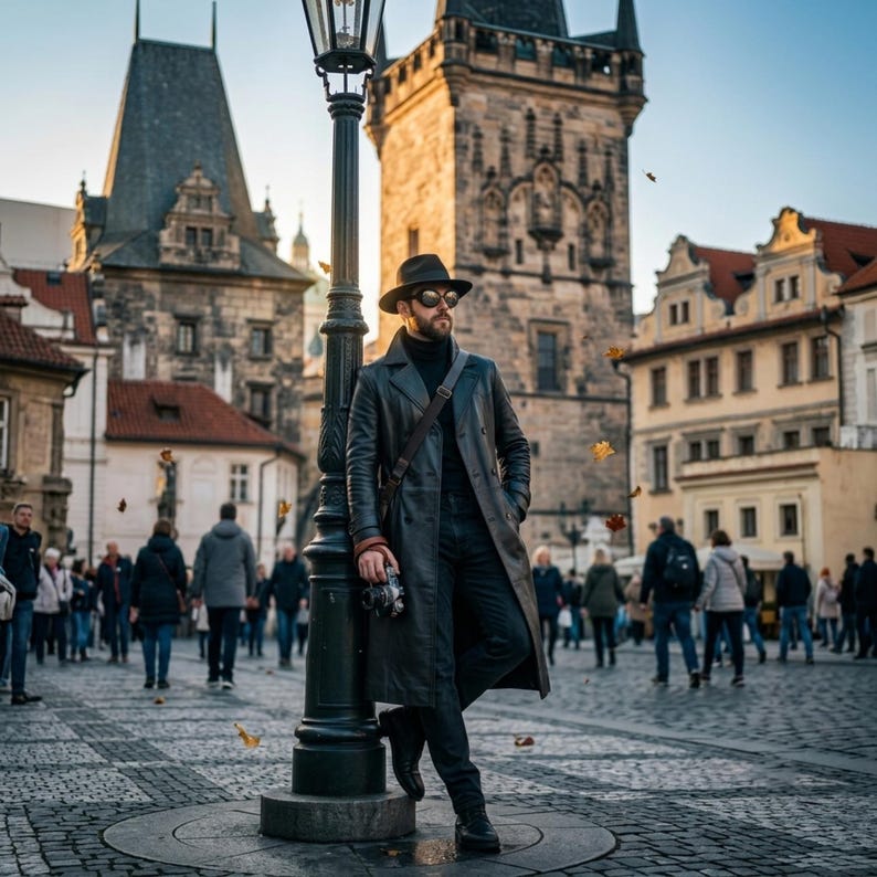 Op de afbeelding: Een persoon met een zwarte fedora, donkere zonnebril, zwarte coltrui en een lange zwarte leren trenchcoat, staand naast een hoge zwarte metalen lantaarnpaal op een geplaveid stadsplein met historische stenen gebouwen op de achtergrond.