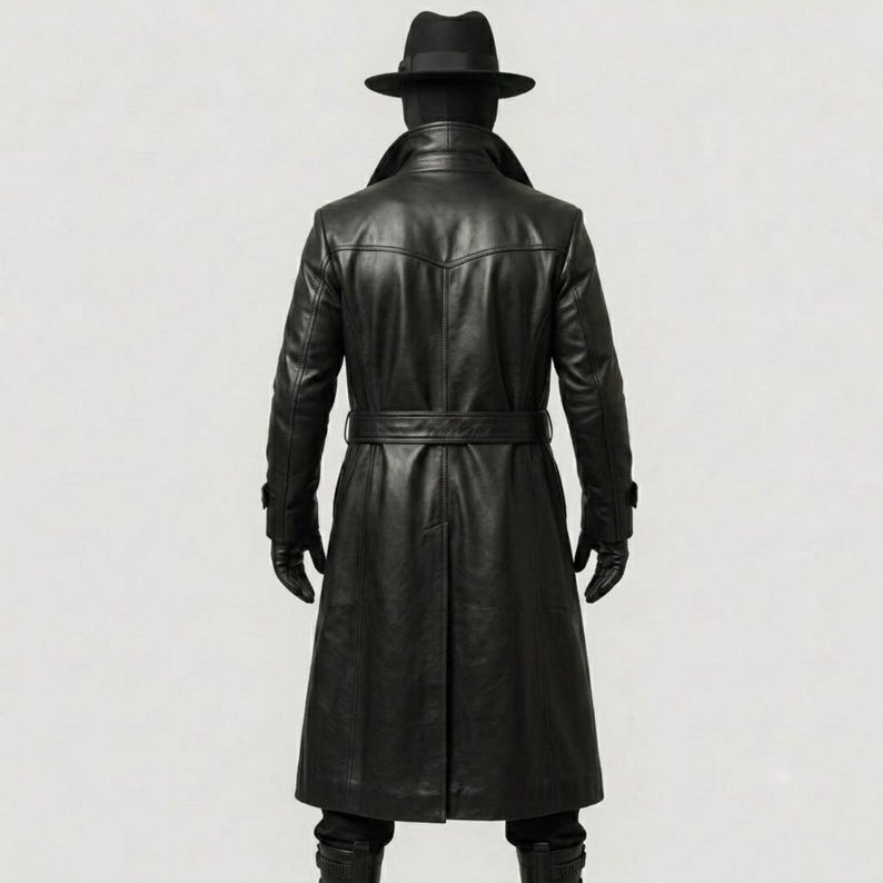 Op de afbeelding: Een zwarte leren trenchcoat met een ceintuur in de taille, lange mouwen en een gestructureerde kraag. Het ensemble bevat een bijpassende zwarte fedora-hoed en zwarte leren handschoenen, wat een monochroom uiterlijk geeft vanaf de achterkant.