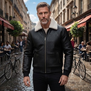Croc geprägte Jacke Leder Pelz Bomber Black Biker Jacke Handmade Winter Aviator Mantel