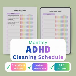 Programa de limpieza mensual para personas con TDAH, Rastreador de apoyo a la función ejecutiva, Sistemas para el hogar neurodivergente, Lista de verificación de limpieza minimalista, Edición de PDF