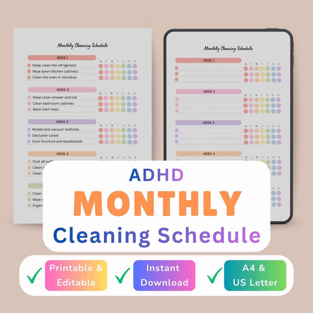 Monthly ADHD Cleaning Schedule, Executive Function Support Tracker ...