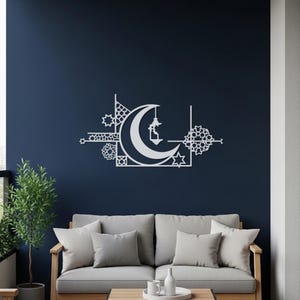 Arte mural islámico de luna creciente de metal, decoración de linterna de Ramadán, obra de arte con motivo de estrella geométrica, decoración minimalista de pared de Eid Mubarak, decoración artística