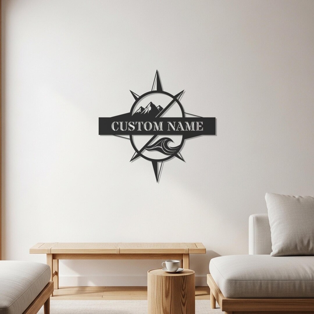 Personalized Compass Metal Wall Art, Custom Name Mountain and Sea Badge ...